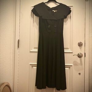 RARE Vintage Bettie Page Pinup Black Midi Dress with Sailor Collar Button Waist